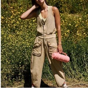 Free People FP Movement Timko One Piece Size Medium Tan Barrel Leg Jumpsuit NWT